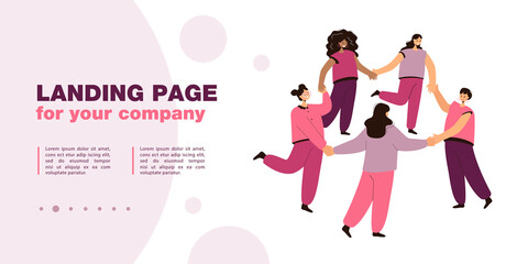 Happy cartoon people doing round dance together. Women dancing in circle while holding hands flat vector illustration. International communication, friendship concept for banner or landing web page