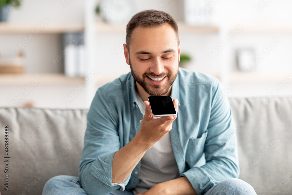 Poster cheerful millennial guy sitting on couch with cellphone at home, mockup for mobile app or website on