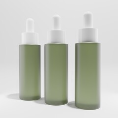 three glass green frosted droppers  a front view 3d render