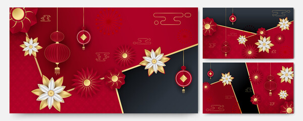 Fototapeta na wymiar Red and gold happy chinese new year festival banner background design. Chinese china red and gold background with lantern, flower, tree, symbol, and pattern. Red and gold papercut chinese template