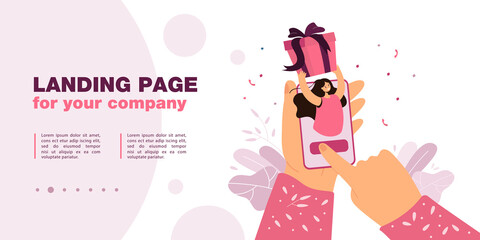 Hands holding smartphone with girl giving present box on screen. Flat vector illustration. Woman buying present in online app or gift store. Internet, present, shopping, order concept for design