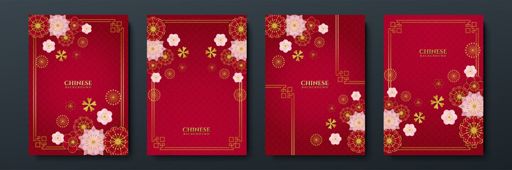 Fototapeta premium Red and gold happy chinese new year festival banner background design. Chinese china red and gold background with lantern, flower, tree, symbol, and pattern. Red and gold papercut chinese template