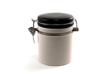 A jar with a hinged lid for bulk products. Isolated