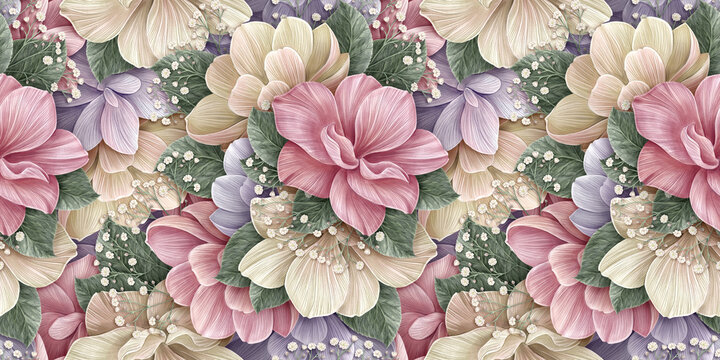 Luxury wallpaper, floral background, seamless pattern. Delicate romantic flowers, hydrangea, pink, beige, purple, white gypsophila, green leaves. Watercolor 3d illustration, texture. Good cloth, paper