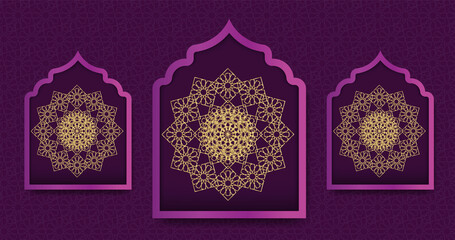 Purple abstract Islamic background, with a golden mandala design in the middle area