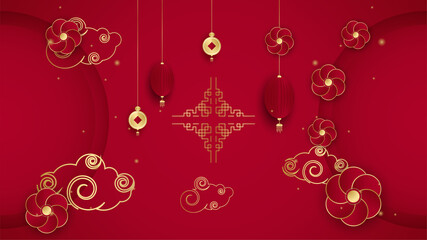 Red and gold happy chinese new year festival banner background design. Chinese china red and gold background with lantern, flower, tree, symbol, and pattern. Red and gold papercut chinese template