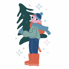 Vector flat cartoon illustration. New Year, Christmas tree and girl.