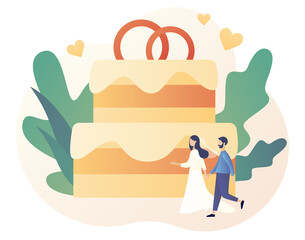 Married couple. Wedding with big wedding cake. Tiny people change marital status. Relationship concept. Legal status. Modern flat cartoon style. Vector illustration on white background