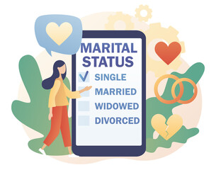 Marital status. Checkbox list with single, married, widowed and divorced options for tiny people in smartphone app. Legal status change. Relationship concept. Modern flat cartoon style. Vector 
