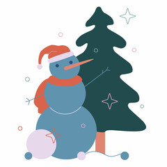 Vector flat cartoon illustration. New Year, Christmas. Snowman and Christmas tree.