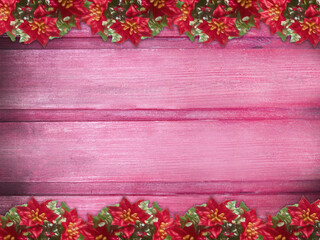 Winter wooden rose pink red cherry nature background with poinsettia two sides. Texture of painted wood horizontal boards. Christmas, New Year card with copy space.