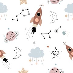 Space seamless pattern for kids, children.Wallpaper nursery room, background for gift paper, doodle style