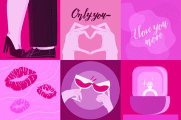 Set of pink and white colored cards for Valentine's Day or wedding. Heart, kiss, lips, inscription, frame, etc. Vector flat design