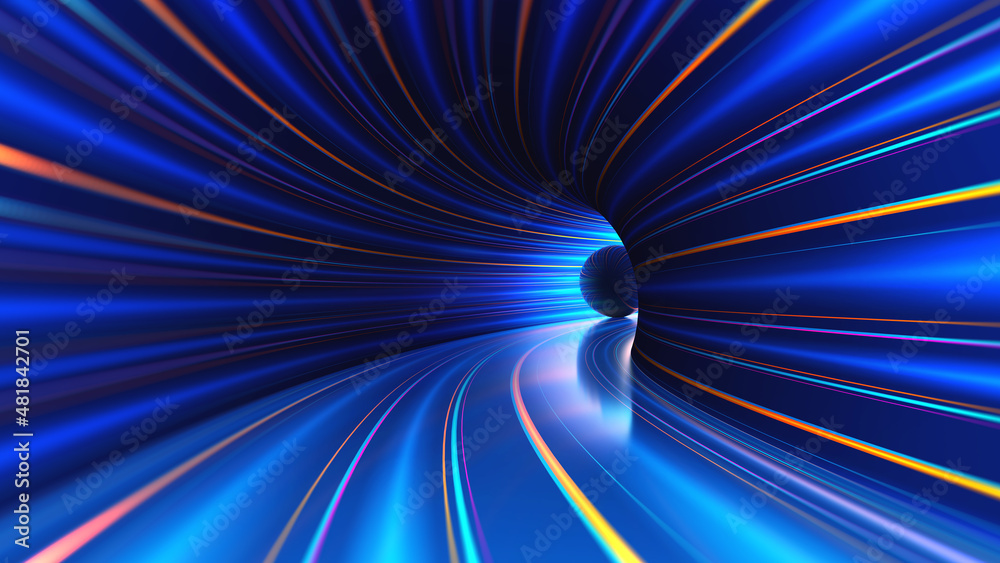 Fototapete cyber virtuality in wormhole of time. 3d illustration of nano tunnel. speed of light and time travel