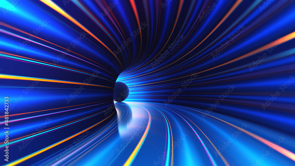 Fototapete cyber virtuality in wormhole of time. 3d illustration of nano tunnel. speed of light and time travel