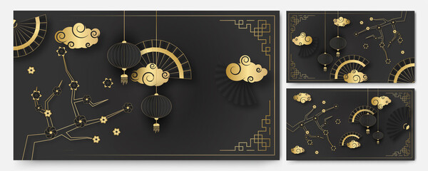 Obraz na płótnie Canvas Modern 3d black gold chinese china background with lantern, lamp, border, frame, pattern, symbol, cloud, rigid fixed fan and flower.