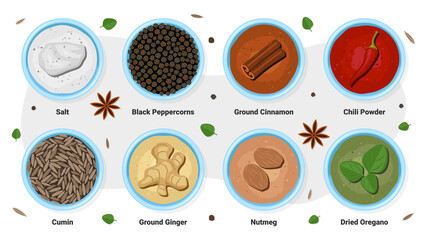 Flat vector set of spices illustrations, substances used for flavoring or coloring food