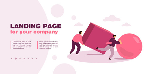 Businessmen pushing abstract ball and cube in race. Flat vector illustration. Smart men competing for title of most efficient, creative, best employee. Goal, leadership, challenge, competition concept