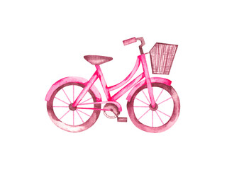 Watercolor pink bicycle with basket on white background