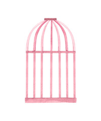 Watercolor vintage bird cage on white background