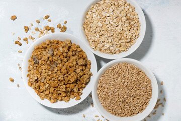 range of products made from oats, top view closeup