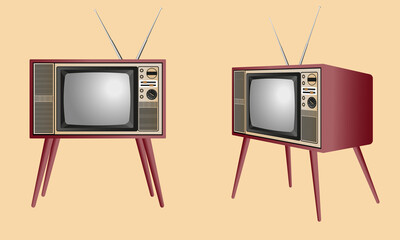realistic old style tv with antenna in two perspective