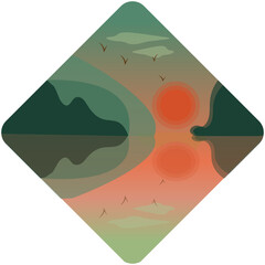 Landscape green forest with sunset