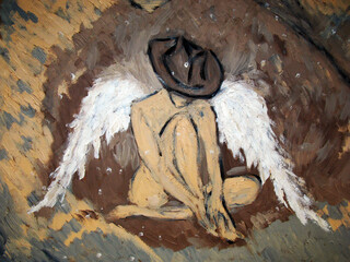 Avant-garde art. Angel in the hat, oil painting, expressionism. Contemporary art

