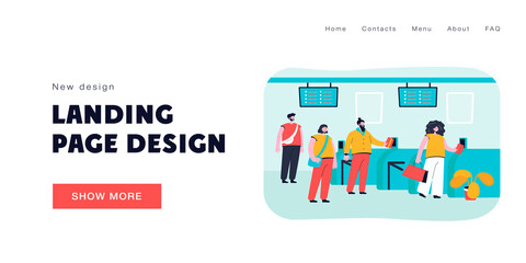 Passengers standing with tickets in line at automatic fare gate isolated flat vector illustration. Cartoon people on train station turnstile entrance. Metro and public transport concept