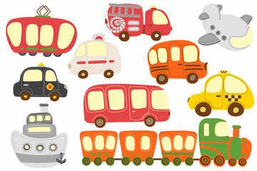 Vector set of urban transport in the style of cartoon. Streetcar, train, police car, ambulance, ship, bus, fire truck, school bus, plane, cab. For print, web design