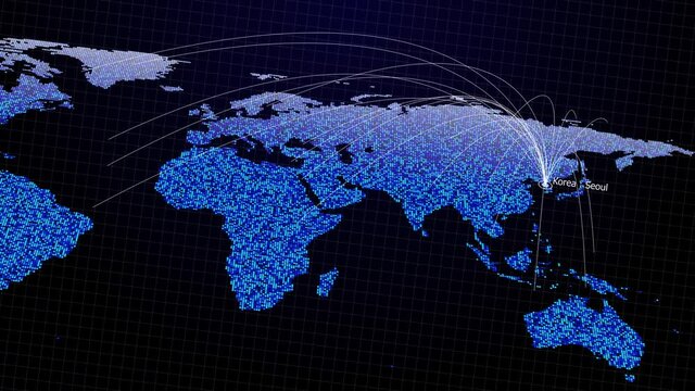 Trade and contacts from Seoul, Korea to other countries around the world. Technology and network connection.