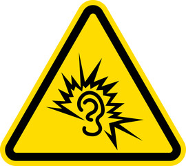 Loud noise warning sign. Triangle yellow background. Safety signs and symbols. - obrazy, fototapety, plakaty