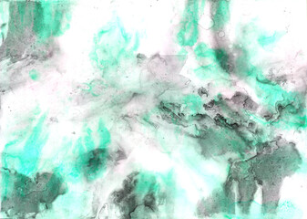 インクの自然な流れの抽象流体アート絵画。柔らかいテクスチャの壁紙。透明感のあるスミとグリーンの混色。ポスター、印刷物