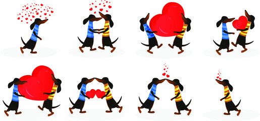 Cute dogs on a date. Two dachshunds in love hug and kiss. Dogs hold a heart, give love to each other. Set of vector illustrations for greeting cards. Suitable for Valentine's Day.