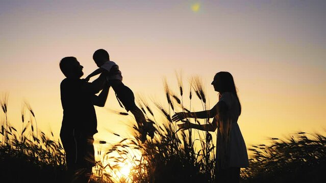 Silhouette happy family walking outdoors. Father having fun tossing up son. People playing enjoying sunset in wheat field on summer day. Beautiful sunset on a wheat field.