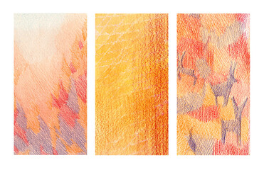 Substrates for hand-drawn vertical banners. Hatching with colored pencils on a white and yellow background.  Abstract spots and silhouettes of artiodactyl animals.