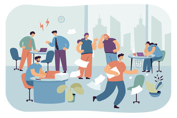 Organization problems of business people at office workplace. Unorganized male and female employees running in panic, conflict between boss and worker flat vector illustration. Deadline, chaos concept - obrazy, fototapety, plakaty