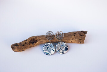 Silver blue winter earrings of polymer clay. Handmde jewelry.