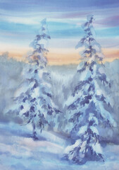 Forest trees in blue twilight watercolor background
