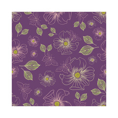 Dogwood flowers and butterflies scattered around with green leaf elements on purple background