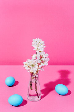 Almond blossoms in a transparent vase with water with three blue eggs on a pink background