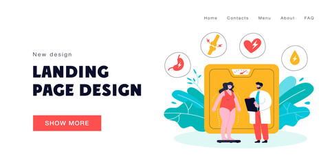 Overweight woman discovering health problems due to obesity. Flat vector illustration. Tiny fat woman weighing next to doctor identifying different diseases like diabetes. Healthcare, obesity concept