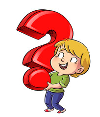 Illustration of a boy holding a question mark in his arms