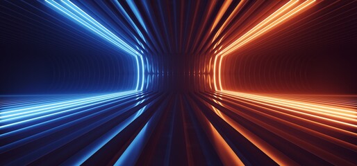 Sci Fi Neon leuchtende geschwungene Linien Streifen gelb blaue Linien futuristisches Metall Lager Alien Raumschiff Zimmer sauber dunkel Hangar Podium Flur 3D-Rendering