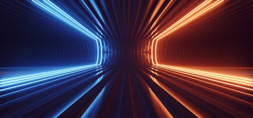 Sci Fi Neon leuchtende geschwungene Linien Streifen gelb blaue Linien futuristisches Metall Lager Alien Raumschiff Zimmer sauber dunkel Hangar Podium Flur 3D-Rendering © IM_VISUALS