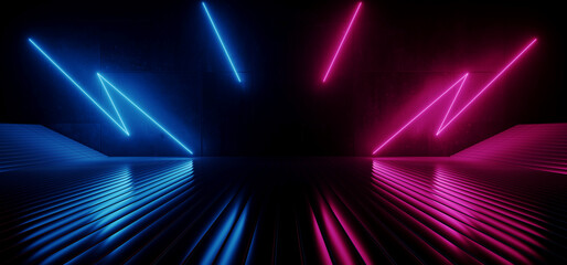 Obraz premium Sci Fi Futuristic Modern Glossy Stage Podium Dark Neon Laser Bolts Vibrant Purple Blue Glowing Stage Glossy Metal Club Showroom Cyber Hangar Warehouse Background Glowing 3D Rendering