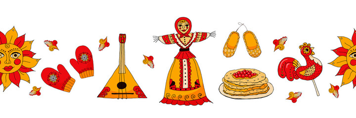 Seamless border of Russian holiday Maslenitsa. Collection of traditional Russian symbols: Lollipop cockerel, sun, pancakes caviar, braided best shoes, balalaika. Shrovetide icons in hand draw style