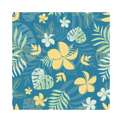 Exotic forest flowers and leaves colored yellow and green with transparen leaf element on the blue background