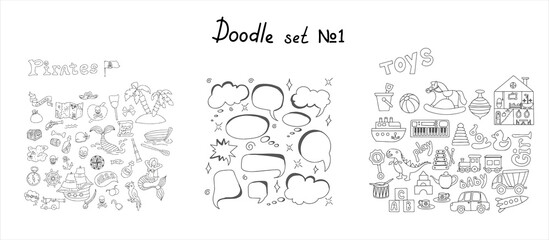 Vector doodle pirate, toys, speach bubbles sets. A map with a hand-drawn sketch of a mermaid ship and pirate items. Template for children s postcards. Map of treasure island. Hand draw collection of
