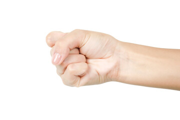 Fmale hand showing fist on white background. Concept strength of mind. Eighth photo in the set
